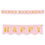 Pink pennant banner that reads "Happy Birthday" in gold.