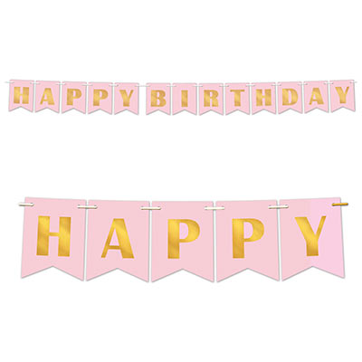 Pink pennant banner that reads "Happy Birthday" in gold.