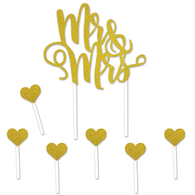 Mr & Mrs. cake topper that is gold with glitter and includes six heart accents.