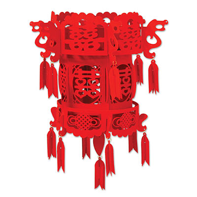 red fabric lantern that has Chinese markings all over it