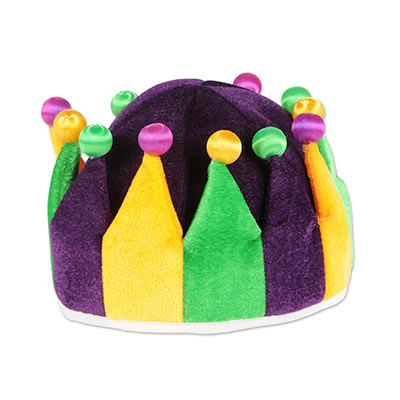 Gold, green and purple plush jester crown.
