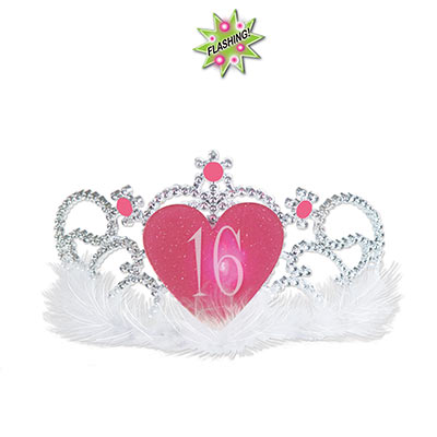 Plastic tiara that lights up a "16" heart with a faux bottom lining.