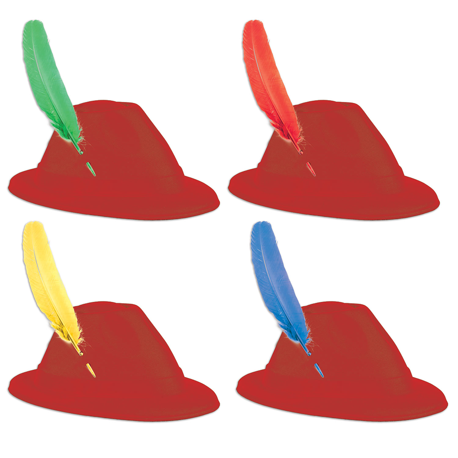 Red velour alpine hats with assorted colored feathers.
