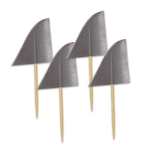 Toothpicks with shark fin cutouts attached.
