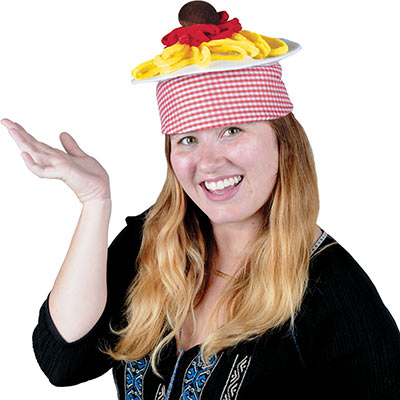 Plush hat that holds a plate of spaghetti on the top.