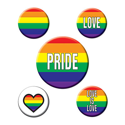 Pride buttons with rainbow stripes and different designs.