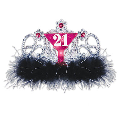 Plastic Light-Up 21 Tiara with black feather and a flashing pink martini 