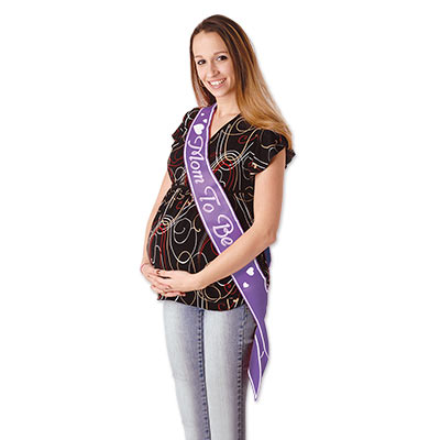Purple with white lettering Mom To Be Satin Sash