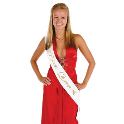 Prom Queen White Satin Sash with Gold Lettering 