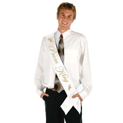 Prom King White Satin Sash with Gold Lettering 