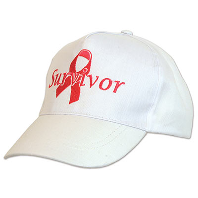 Embroidered Survivor Cap (Pack of 12) survivor cap, embroidered survivor hat, white cotton awareness cap, pink ribbon hat, breast cancer awareness apparel, survivor logo cap, Party Express survivor gear