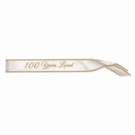 100 Years Loved White Satin Sash with Gold Trim and lettering