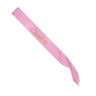 Glittered Sweet 16 Pink Satin Sash with gold lettering