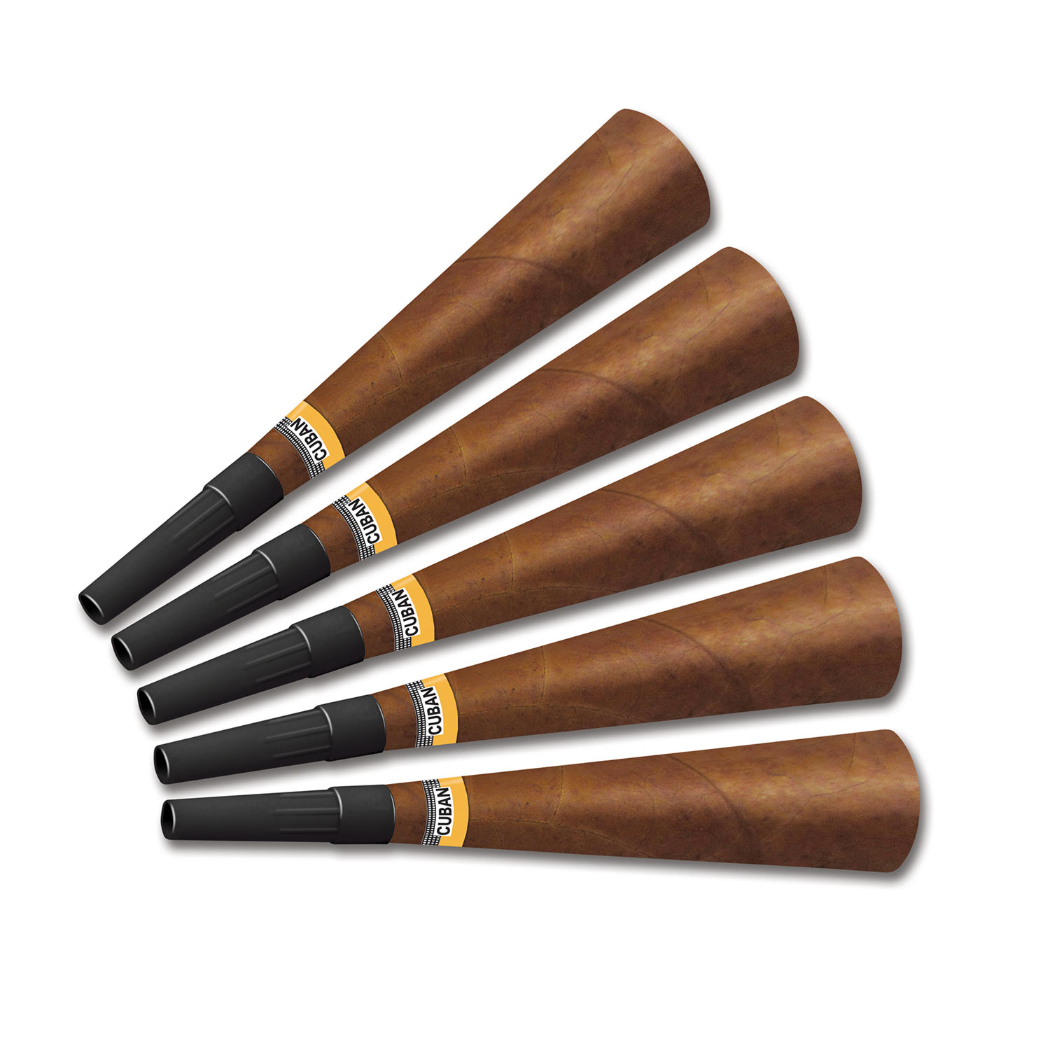 Party cigar horns that are designed to replicate a traditional cigar.