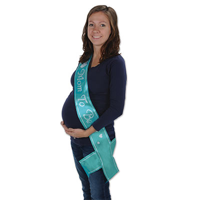 Mom To Be Blue Satin Sash with White lettering and hearts 