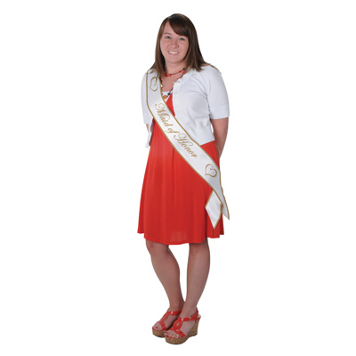 Maid Of Honor White Satin Sash with Gold lettering 