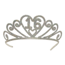 Glittered metal tiara with a "16" wish.