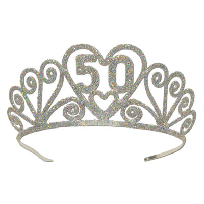 Glittered metal tiara with a "50" wish.