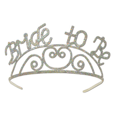 Silver glittered metal tiara stating "Bride to Be".