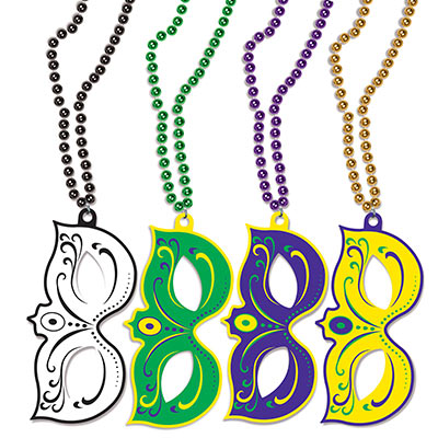 Black, green, purple, and yellow Mardi Gras half mask medallions attached to matching round beads.