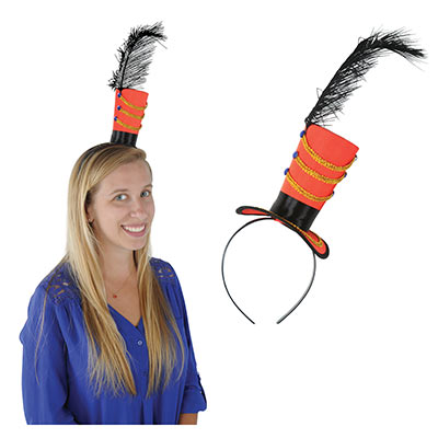 Black headband with orange majorette hat including a black feathered plum.