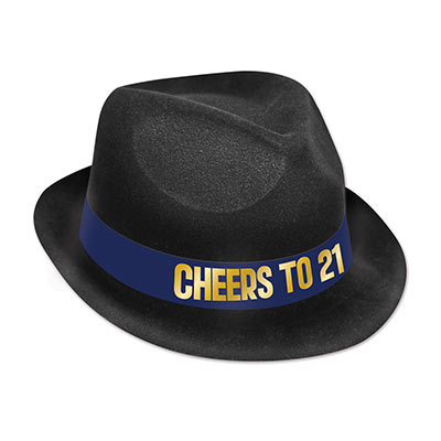 Felour chairman hat with a blue band that reads "Cheers to 21" in gold.