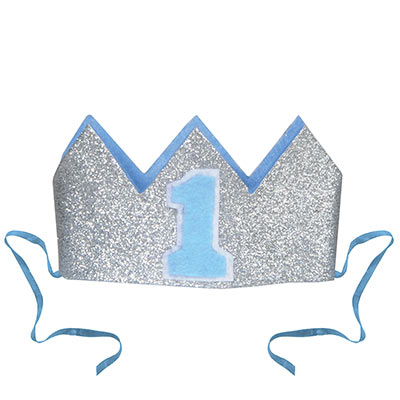 Glitter crown for baby boy with a blue number "1".
