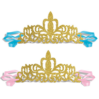 Gold glittered fabric tiaras with pink or blue ribbon attached.