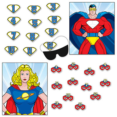 Superhero pinning game with a male and female including a blind fold.