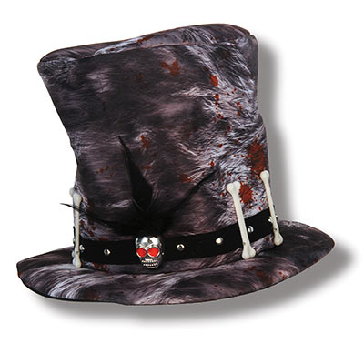 Voodoo hat made of plush material including a black band, bones and a skull.