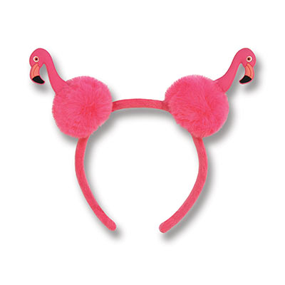 Pink headband with pom pom flamingos attached. 
