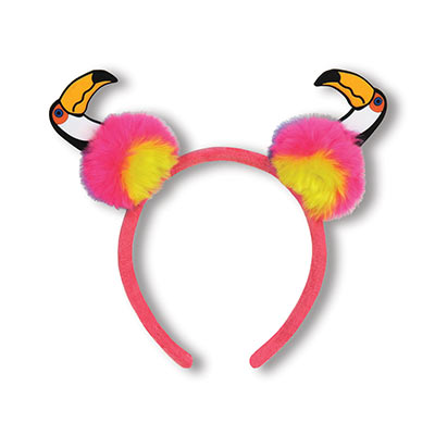Pink headband with pom pom toucans attached. 