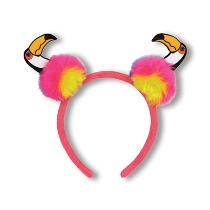 Pink headband with pom pom toucans attached. 