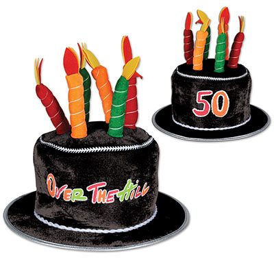 Plush black hat with plush candles attached to the top with wording of "50" and "Over the Hill".