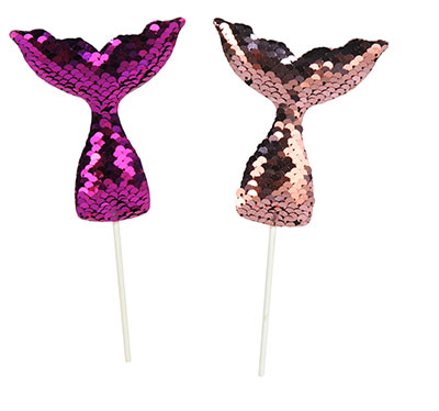 Sequined mermaid tails attached to sticks. 