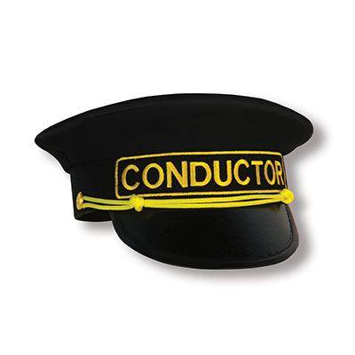Black conductor hat with gold accents. 