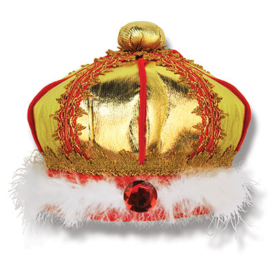 Gold fabric kings crown with red accents and white faux material.