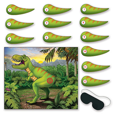 Pin The Tail On The Dinosaur Game with a blind fold.