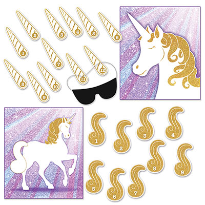 party game with gold and purple glittered unicorn pieces