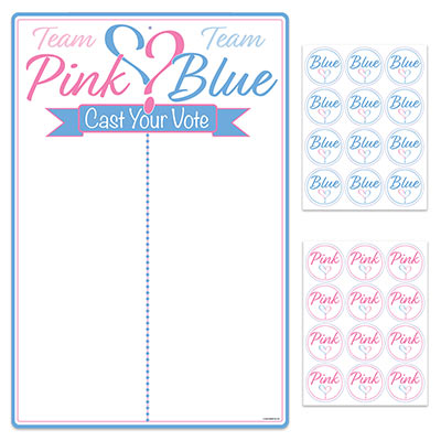 Tally board for a gender reveal with team pink on the left and team blue on the right. 