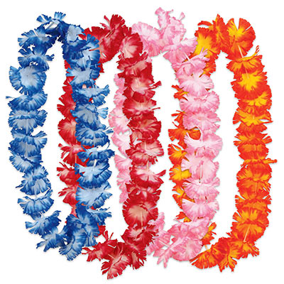 Hawaiian floral leis with colors of blue, red, pink, yellow and orange. 