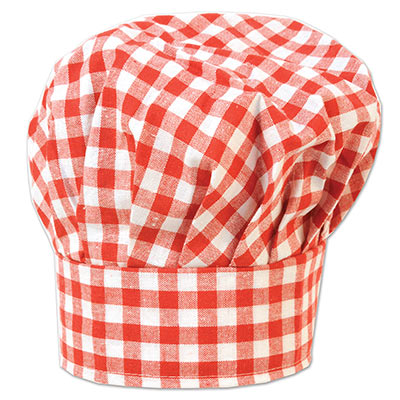Gingham fabric chefs hat with colors of red and white. 
