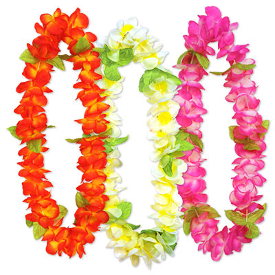 Brightly colored sunset floral leis.