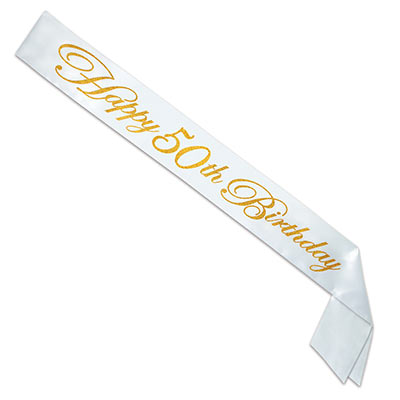 White satin sash with "Happy 50th Birthday" printed in gold. 