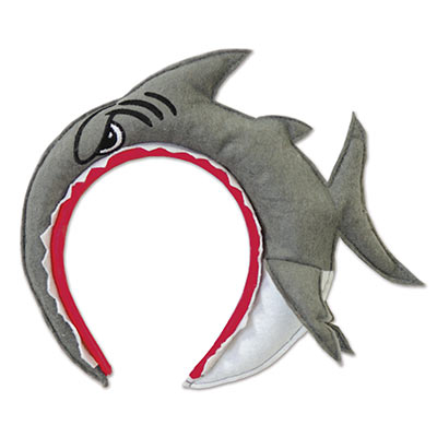 Headband with plush material that replicates a shark with it's mouth open. 