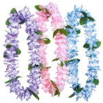 Island floral leis made of purple, pink and blue petals. 
