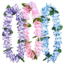 Island floral leis made of purple, pink and blue petals. 
