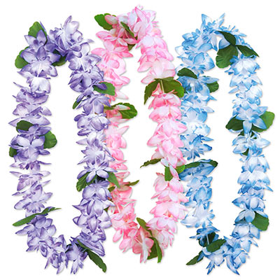 Island floral leis made of purple, pink and blue petals. 