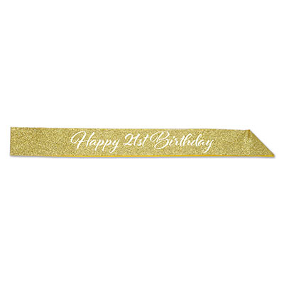 Happy 21st Birthday Glittered Sash (Pack of 6) Happy 21st Birthday Glittered Sash, 21, birthday, glitter, gold, sash, party favor, wholesale, inexpensive, bulk