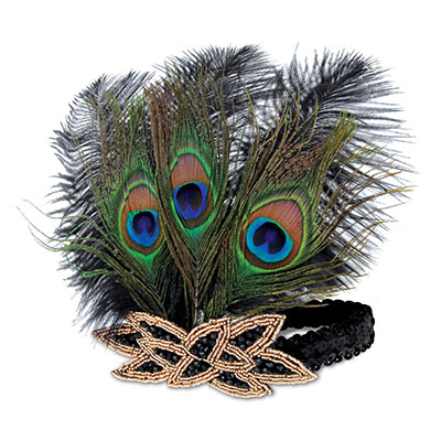 Flapper Peacock Headbands includes a black sequined headband, gold and black beaded accents and peacock feathers. 
